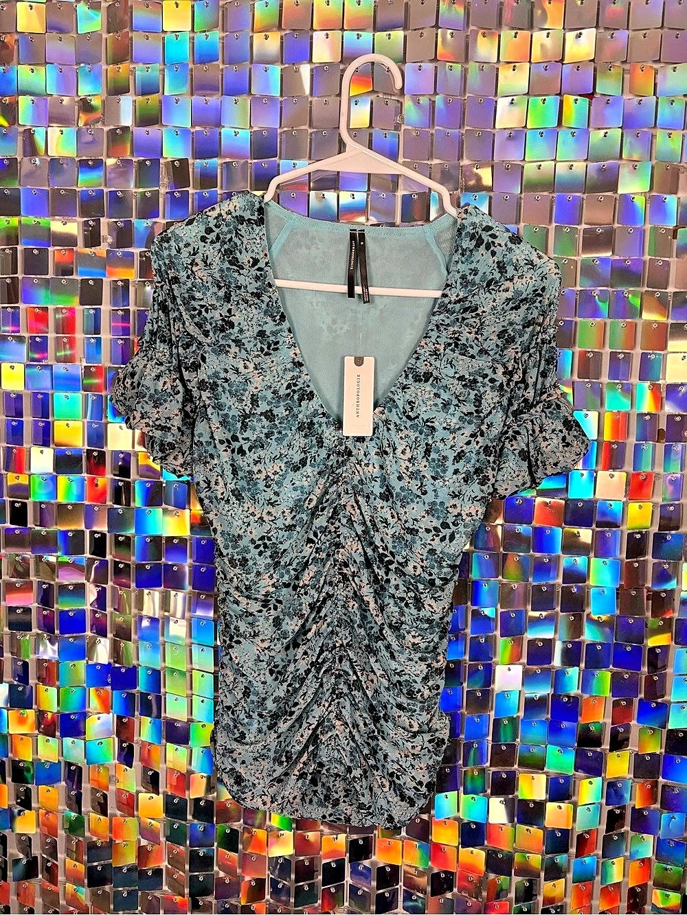 TOPSHOP Floral Ruched Blouse in Blue & Black Size Medium NWT